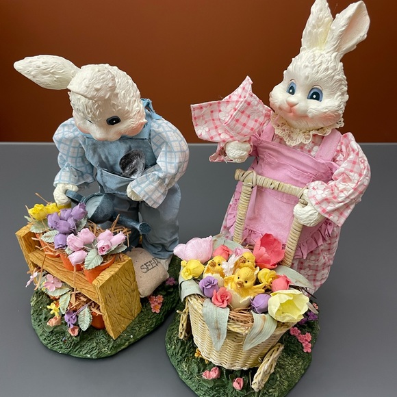 Vintage Figurines Fabric Mache Spring Easter Bunnies Bunny Couple 13-14” Lot 2 - Picture 1 of 16